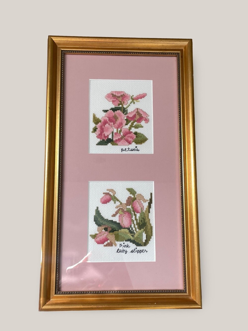 Vintage Gold Framed Floral Cross Stitch Wall Art | Petunia & Pink Lady Slipper
